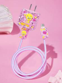 LOONEY TUNES X SHEIN 4-Piece Mobile Phone Data Cable Protective Cover Is Suitable For IPhone Charging Cable Data Cable Protective Cover (Excluding Data Cable) - Pink - View 1