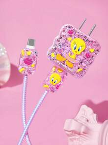 LOONEY TUNES X SHEIN 4-Piece Mobile Phone Data Cable Protective Cover Is Suitable For IPhone Charging Cable Data Cable Protective Cover (Excluding Data Cable) - Pink - View 2