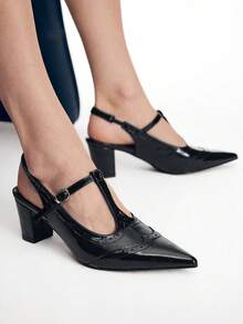 Mnmlis Spring And Summer Engraved T-Belt Design Pointed Thick Heel, Retro Style Black Slingback Mary Jane Shoes Commuting Dating Fall Shoes - Black - View 3