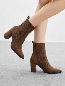 CUCCOO BIZCHIC Women's Side Button Flanged Pointed Thick Heel Short Boots Retro Brown Autumn And Winter Daily Commuter Boots - Brown suede - View 5