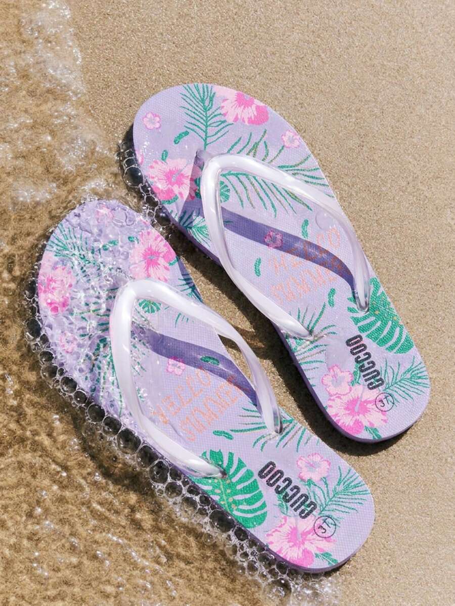 Grefit Flower Print Flat Bottomed Household Beach Flip-Flops With Flower Patterned Sole For Summer Vacation Shoes Summer Spring Shoes Spring Break Easter For Casual Beach Style Beach Shoes - Mauve Purple - View 1