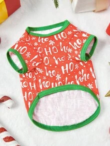PETSIN Festive Pet Tee With "HO HO HO" & Snowflake Print - Red Base Green Trim Christmas Dog Clothes - Red and White - View 7