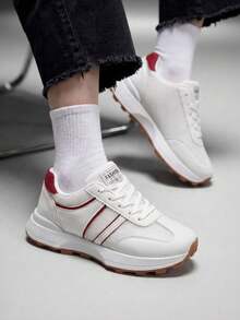 Vate Women's Thick-Soled Round Toe Lace-Up Casual Shoes Shoes Back To School - Red and White - View 1