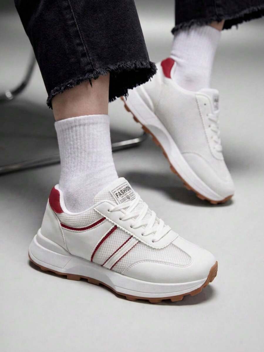 Vate Women's Thick-Soled Round Toe Lace-Up Casual Shoes Shoes Back To School - Red and White - View 1