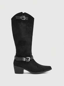 Daringsoles Solid Color Double Buckle Stack High Boots Adjustable Boots Elastic Pointed Thick Heel Knee Boots Versatile Fashion Boots - Black - View 2