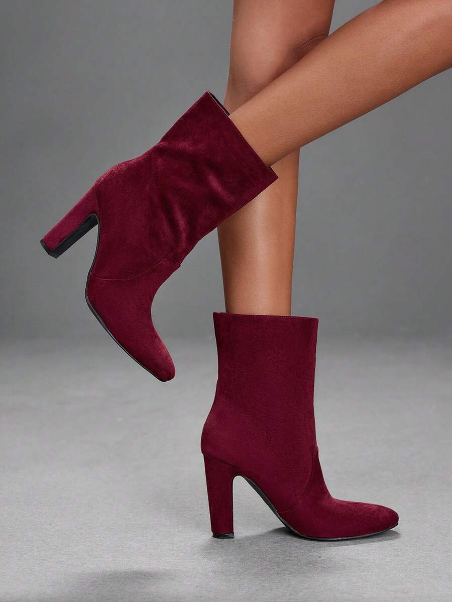 CUCCOO SZL Women's Solid Color Medium Boots, Round Heel Boots, Daily Commuting Workplace Versatile Faux Leather Boots Pleated Medium Boots, Round Heel Boots - Matte burgundy - View 1