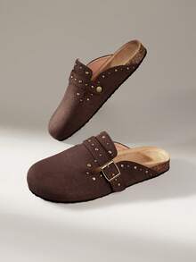 Solecia Women's Fashion Rivet Flat Bottom Closed Toe Mules, Commuting Versatile - Coffee Brown - View 7