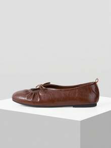 MOTF WOMEN VINTAGE RUCHED BOW DECOR BALLET FLATS, SOFT LEATHER SLIP ON ROUND TOE FLAT SHOES, CASUAL DAILY WALKING MARY JANE SHOES - Brown - View 2