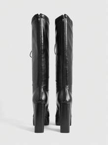 CUCCOO LuxiPop Women's Fashion Simple Thick High Heel Round Toe Front With Thick Bottom Inner Zipper Party Nightclub Style Black Knee Boots - Black - View 6
