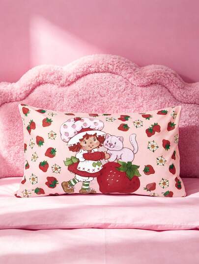 Strawberry Shortcake X SHEIN 2Pc Cartoon Pink Strawberry Doll Printed Abraded Pillowcase, A Pair, Comfortable And Soft, Abraded Fabric, Warm And Breathable, Various Sizes, Suitable For Different Pillows (Excluding Pillow Core)