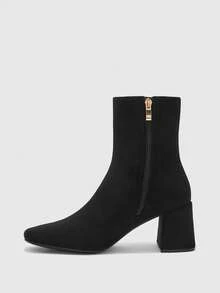 CUCCOO BIZCHIC French Square Boots, Thick Heel Comfortable Versatile Velvet Boots, Side Zipper Elegance, Suitable For Business Commuting Holiday Parties Fall Shoes - Black - View 8