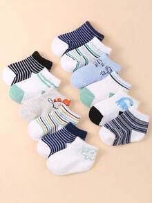 SHEIN 12 Pairs/24 Pairs Of Cute Dinosaur Printed Socks/Invisible Socks For Infants And Girls Aged 0-3, Multi-Colored Stripes, Soft And Comfortable, Suitable - Multicolor - View 3