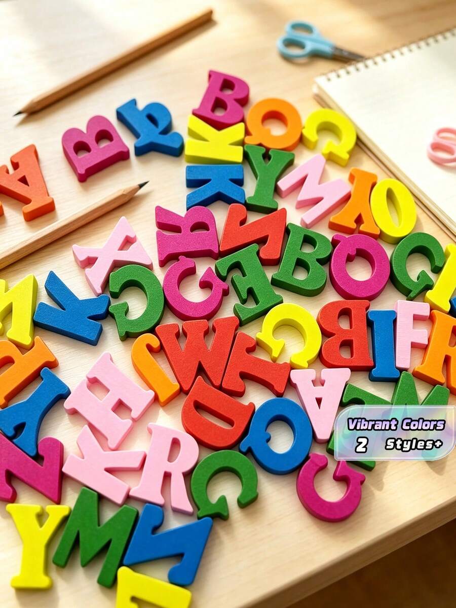 100pcs Wooden Letter & Number Chips, Mixed 26 Alphabet Letters, Natural & Colored Wood Slices, Kids Early Learning DIY Literacy Decorations - multicolor - View 1