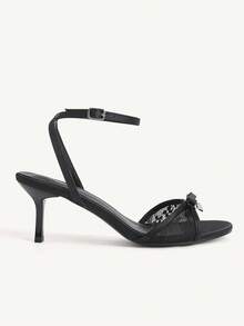 CUCCOO CHICEST Women Shoes Black Lace Splicing Bow Heart Buckle Decoration, Ankle Strap Fashionable Elegance Spring And Summer Wedding Round Toe High Heel Sandals - Black lace stitching - View 4