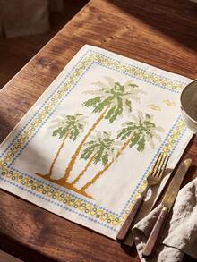 1pc/4pcs, Heat-Insulated Hemmed Placemats, Hibiscus Palm Lemon Print Bohemian Country Style Placemats, Linen Material, Easy To Clean, Suitable For Kitchen, Dining Room Decoration, Holiday Party, Vacation Table Decor, Home Decor - Multicolor - View 7