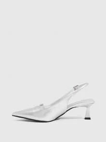 CUCCOO SZL Rhinestone Square Buckle Pointed Cat Heel Empty Sandals, Retro Spice Girl Fengzheng Silver Patent Leather Medium Low Heel Buckle Bag Head Sandals - Silver - View 4