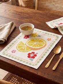 1pc/4pcs, Heat-Insulated Hemmed Placemats, Hibiscus Palm Lemon Print Bohemian Country Style Placemats, Linen Material, Easy To Clean, Suitable For Kitchen, Dining Room Decoration, Holiday Party, Vacation Table Decor, Home Decor - Multicolor - View 6