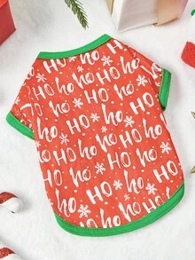 PETSIN Festive Pet Tee With "HO HO HO" & Snowflake Print - Red Base Green Trim Christmas Dog Clothes - Red and White - View 5
