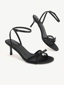 CUCCOO CHICEST Women Shoes Black Lace Splicing Bow Heart Buckle Decoration, Ankle Strap Fashionable Elegance Spring And Summer Wedding Round Toe High Heel Sandals - Black lace stitching - View 6