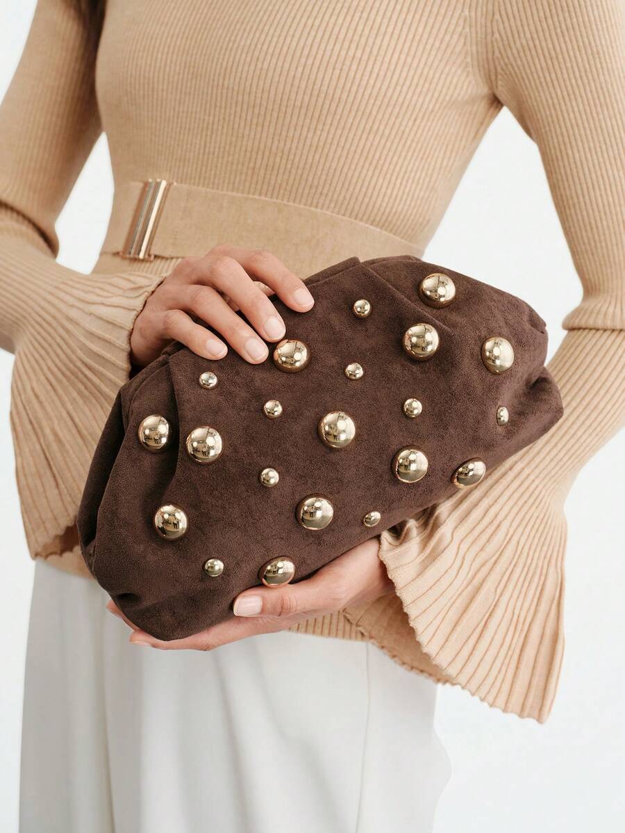 SHECARRY Ladies Fashionable Personality Simple Classic Vintage Deep Coffee Suede Gold Rivet Decorated Clutch Bag, Daily Commuter Dating Afternoon Tea - Brown flannel - View 1