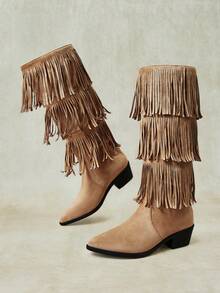 Styleloop Sepatu Wanita, Suede, Desain Berumbai Multi-Lapisan, Hak Tebal Lancip, Hak Rendah, Gaya Barat, Sepatu Bot Setinggi Cokelat untuk Pakaian Sehari-hari - Unta - View 2