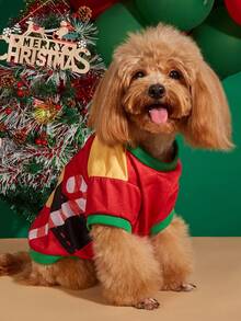PETSIN Xmas Elf Dog Clothes, Festive Candy Cane Printed Pet Shirt Christmas Puppy Outfit - Multicolor - View 15
