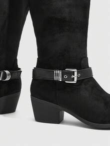Daringsoles Solid Color Double Buckle Stack High Boots Adjustable Boots Elastic Pointed Thick Heel Knee Boots Versatile Fashion Boots - Black - View 5