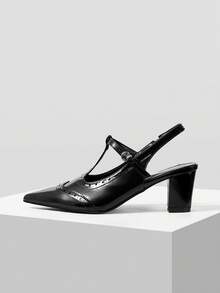 Mnmlis Spring And Summer Engraved T-Belt Design Pointed Thick Heel, Retro Style Black Slingback Mary Jane Shoes Commuting Dating Fall Shoes - Black - View 6