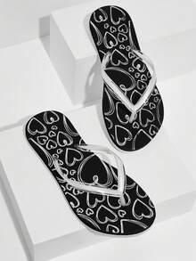 Grefit Woman Shoes Heart Pattern Flip-Flops, Fashion PVC Flip-Flops For Summer Vacation Shoes Summer Spring Shoes Spring Break Easter For Casual Beach Style Beach Shoes Summer Shoes - Black - View 2