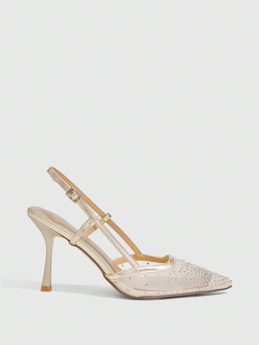 CUCCOO SZL Women's Pointed Toe Square Toe Stiletto High Heel Patent Leather Square Heel Slingback Pumps With Rhinestone Embellishment, Romantic Sexy Women's Shoes Fall Shoes - Gold - View 1