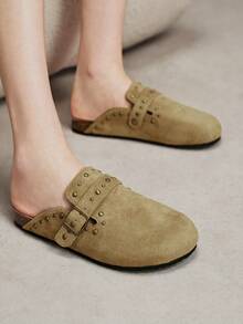 Solecia Women's Fashion Rivet Flat Bottom Closed Toe Mules, Commuting Versatile - Khaki - View 11