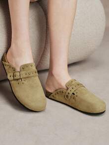 Solecia Women's Fashion Rivet Flat Bottom Closed Toe Mules, Commuting Versatile - Khaki - View 8