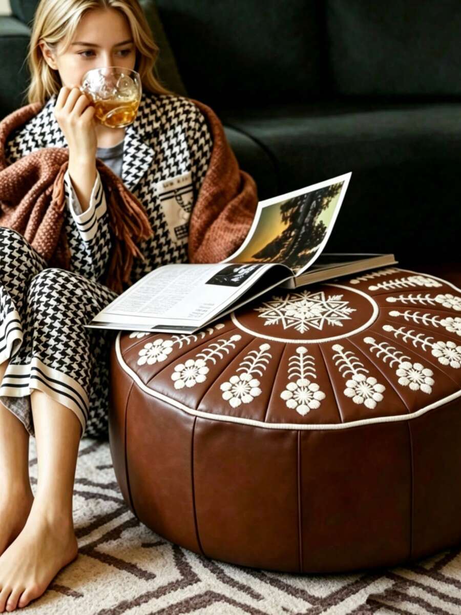 Bohemian Round Storage Ottoman Filler Not Included | Waterproof PU Leather Hidden Storage For Clothes & Toys Single / 2‑Pack Optional - Multicolor - View 1