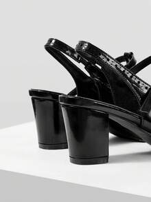 Mnmlis Spring And Summer Engraved T-Belt Design Pointed Thick Heel, Retro Style Black Slingback Mary Jane Shoes Commuting Dating Fall Shoes - Black - View 4