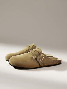 Solecia Women's Fashion Rivet Flat Bottom Closed Toe Mules, Commuting Versatile - Khaki - View 2