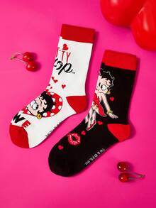 Betty Boop x SHEIN 2入組 Love Girl 女款中筒襪 - 黑白紅 - 查看 5