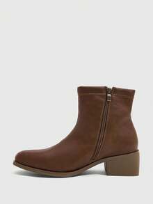 Daringsoles Resleting Samping, Ujung Persegi Kecil, Motif Kayu, Hak Tebal, Sepatu Bot Ankle Fashion, Sepatu Bot Western Kasual, Gaya Longgar, Warna Polos, Sambungan - Coklat - View 4