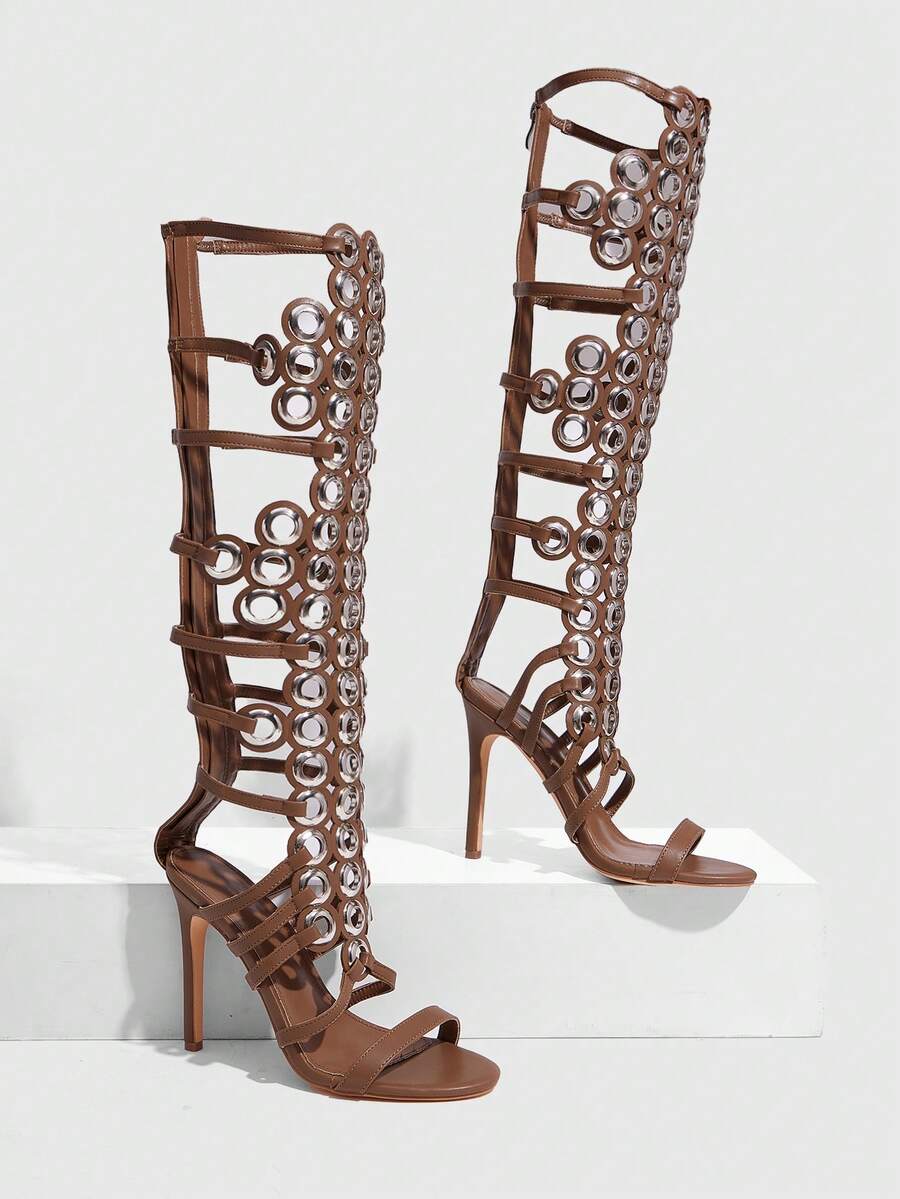 CUCCOO SZL New Fashionable European & American Style Sexy Rivet Hollow-Out Pointed Toe Super High Heel Boots Spring/Summer Shoes - Light brown - View 1