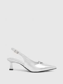 CUCCOO SZL Rhinestone Square Buckle Pointed Cat Heel Empty Sandals, Retro Spice Girl Fengzheng Silver Patent Leather Medium Low Heel Buckle Bag Head Sandals - Silver - View 2
