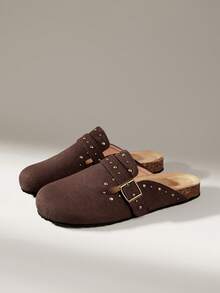 Solecia Women's Fashion Rivet Flat Bottom Closed Toe Mules, Commuting Versatile - Coffee Brown - View 3