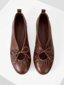 MOTF WOMEN VINTAGE RUCHED BOW DECOR BALLET FLATS, SOFT LEATHER SLIP ON ROUND TOE FLAT SHOES, CASUAL DAILY WALKING MARY JANE SHOES - Brown - View 1