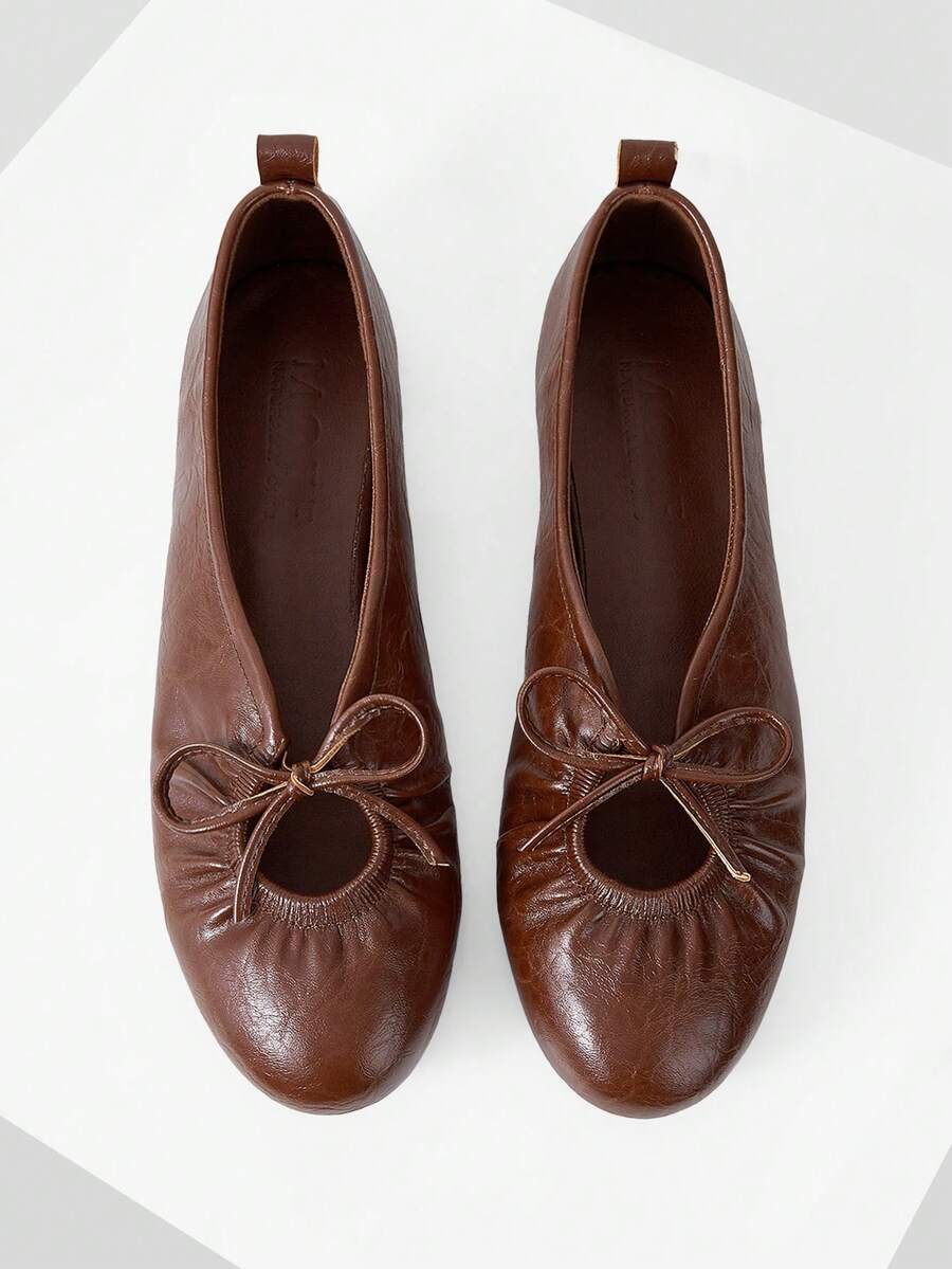 MOTF WOMEN VINTAGE RUCHED BOW DECOR BALLET FLATS, SOFT LEATHER SLIP ON ROUND TOE FLAT SHOES, CASUAL DAILY WALKING MARY JANE SHOES - Brown - View 1