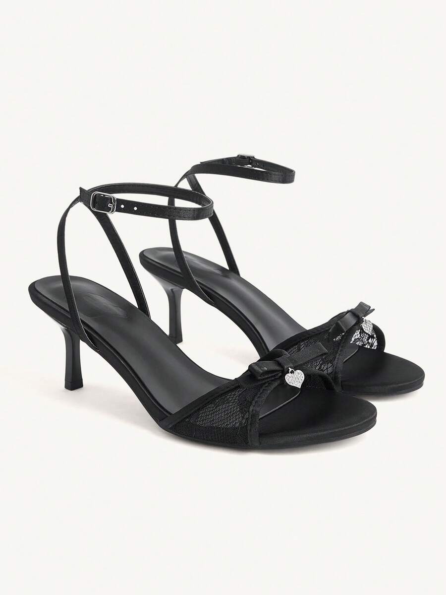 CUCCOO CHICEST Women Shoes Black Lace Splicing Bow Heart Buckle Decoration, Ankle Strap Fashionable Elegance Spring And Summer Wedding Round Toe High Heel Sandals - Black lace stitching - View 1