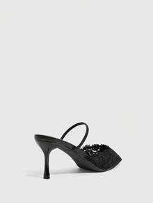 CUCCOO SZL Ladies Romantic Nude Lace High Heel Drag Pointed Thin Heel Half Drag - Black - View 9