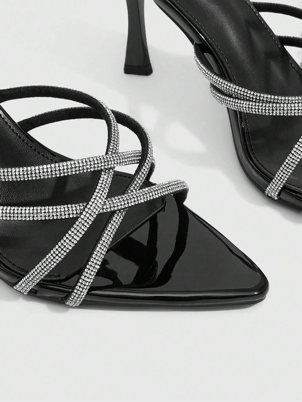 CUCCOO SZL Women's Pointed Diamond-Encrusted Cross-Strap Mullers, Black Patent Leather Slim High-Heeled Slippers, Summer Party Wedding Lace-Up Sandals