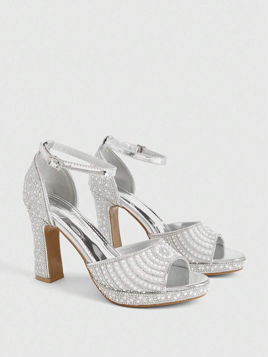 CUCCOO LuxiPop Sandal Wanita Mewah Gaya Pengantin Musim Semi/Panas untuk Pesta Pernikahan, Kencan, Gaun Tulle, Mutiara, Rhinestone, Warna Solid, Ujung Terbuka, Tali Belakang, Hak Tinggi Tebal - Perak - View 1