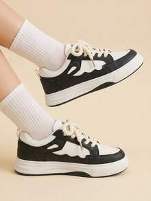 Vate Women's Lace-Up Color Matching Design Round Toe Thick Flat Bottom Casual Sports Shoes Casual Style PU Leather Black And White Casual Sports Shoes Back To School - Black and White - View 4
