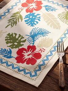 1pc/4pcs, Heat-Insulated Hemmed Placemats, Hibiscus Palm Lemon Print Bohemian Country Style Placemats, Linen Material, Easy To Clean, Suitable For Kitchen, Dining Room Decoration, Holiday Party, Vacation Table Decor, Home Decor - Multicolor - View 9
