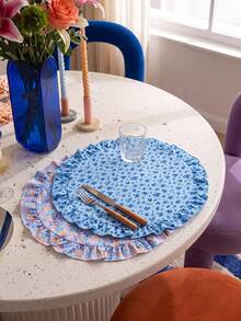 SHEIN Floral Printed Round Placemat, Natural Fresh Pastoral Table Mat With Lotus Leaf Edge, Kitchen And Dining Room Decoration, Two Colors Available (Purple & Blue Floral) - Multicolor - View 11