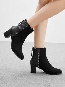CUCCOO BIZCHIC Women's Fashionable High-Heeled Patent Leather Boots With Pointed Toes, Elastic Chunky Heels, Side Zipper, Mid-Calf Style, Comfortable, Versatile, And Fall Boots - Black - View 5